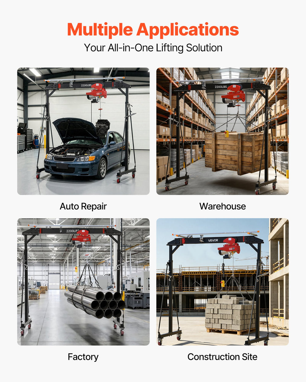 VEVOR Adjustable Gantry Crane, 997.9 kg Capacity, Portable Shop Lift Hoist with 243-363 cm Height Adjustable, Manual Trolley, Electrical Hoist, Sling, Shackles, Hook, for Factory Warehouse Auto Repair
