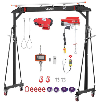 VEVOR Adjustable Gantry Crane, 997.9 kg Capacity, Portable Shop Lift Hoist with 243-363 cm Height Adjustable, Manual Trolley, Electrical Hoist, Sling, Shackles, Hook, for Factory Warehouse Auto Repair