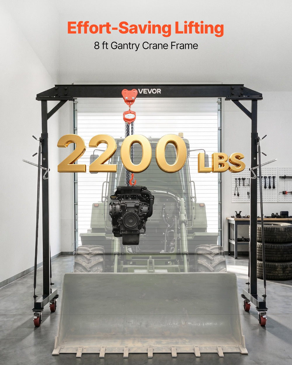 VEVOR Adjustable Gantry Crane, 997.9 kg Capacity, Portable Shop Lift Hoist with 2430-3630 mm Height Adjustable, Locking Wheels, Steel Construction, for Factory, Warehouse, Auto Repair, Frame Only