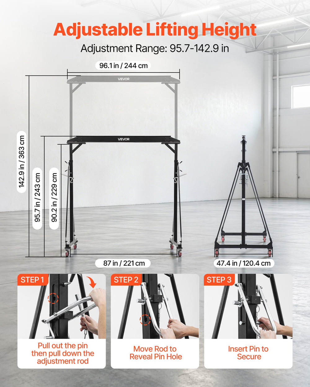 VEVOR Adjustable Gantry Crane, 997.9 kg Capacity, Portable Shop Lift Hoist with 2430-3630 mm Height Adjustable, Locking Wheels, Steel Construction, for Factory, Warehouse, Auto Repair, Frame Only