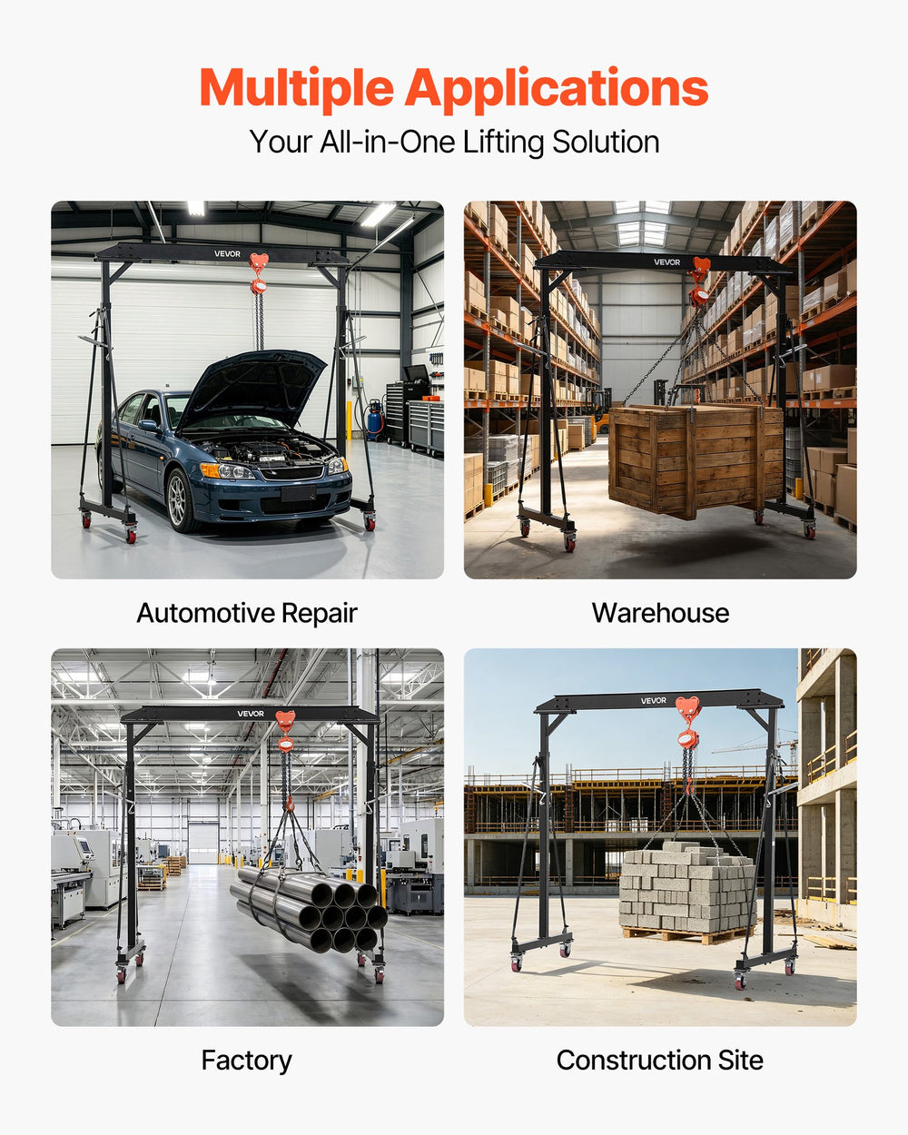 VEVOR Adjustable Gantry Crane, 997.9 kg Capacity, Portable Shop Lift Hoist with 2430-3630 mm Height Adjustable, Locking Wheels, Steel Construction, for Factory, Warehouse, Auto Repair, Frame Only