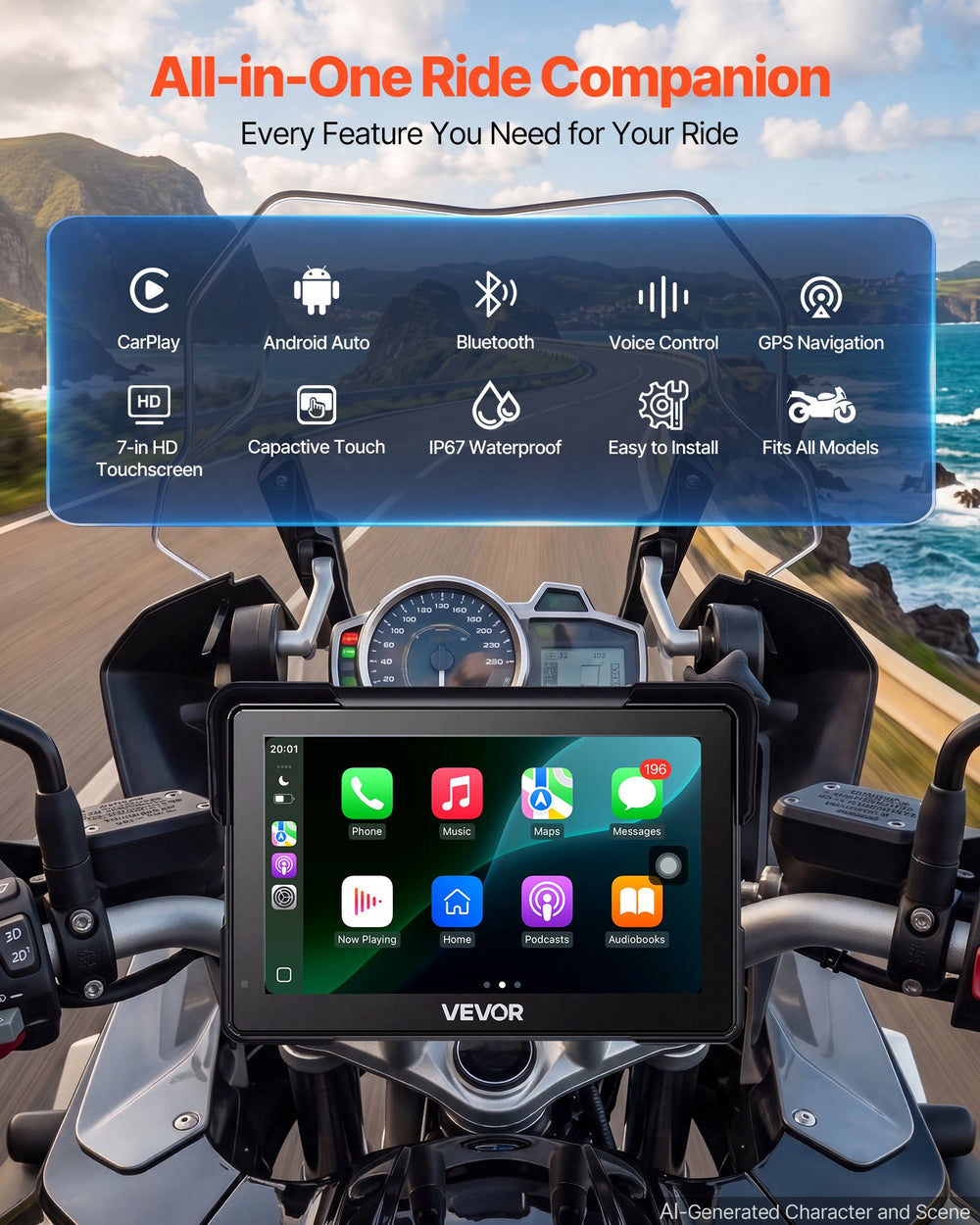 VEVOR 7 Inch Wireless Motorcycle Carplay with Apple Carplay & Android Auto, HD Touchscreen GPS Navigation System with Voice Control, Dual Bluetooth, Siri & Google Assistant, IP67 - Fit All Motorcycles