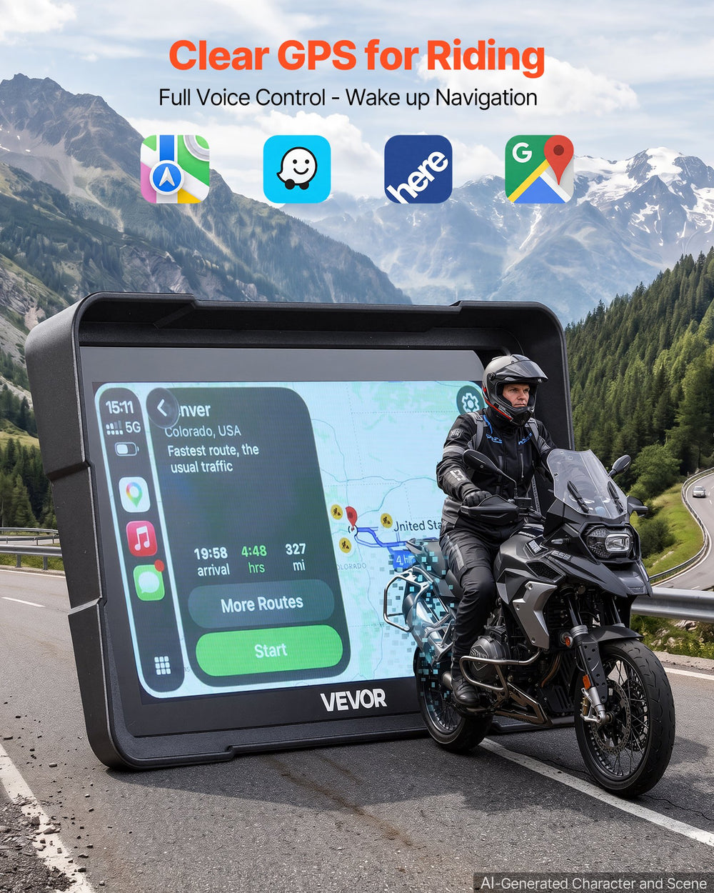 VEVOR 7 Inch Wireless Motorcycle Carplay with Apple Carplay & Android Auto, HD Touchscreen GPS Navigation System with Voice Control, Dual Bluetooth, Siri & Google Assistant, IP67 - Fit All Motorcycles