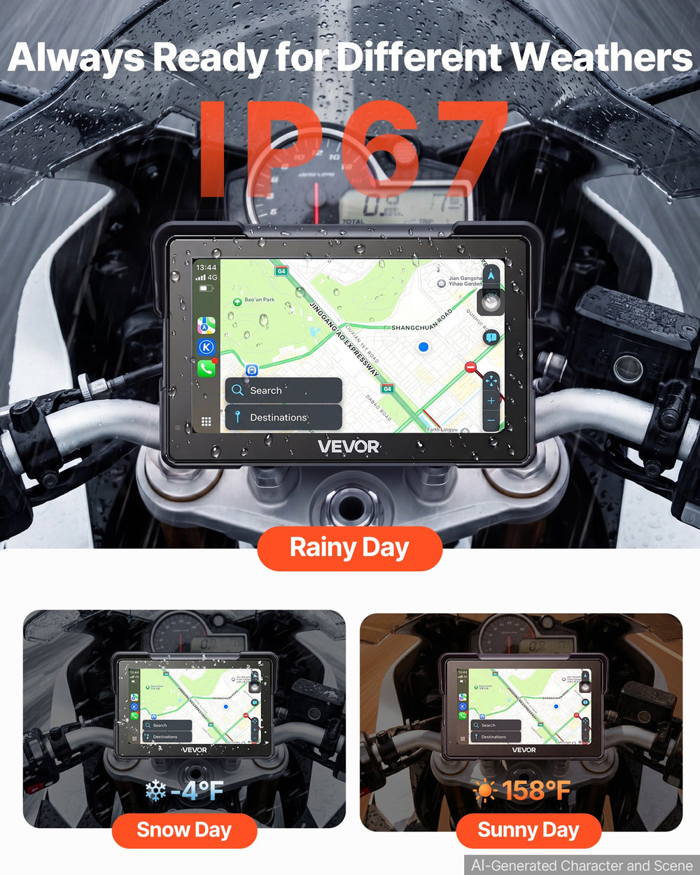 VEVOR 7 Inch Wireless Motorcycle Carplay with Apple Carplay & Android Auto, HD Touchscreen GPS Navigation System with Voice Control, Dual Bluetooth, Siri & Google Assistant, IP67 - Fit All Motorcycles