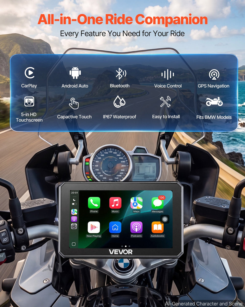 VEVOR 5 Inch Wireless Motorcycle Carplay with Apple Carplay & Android Auto, HD Touchscreen GPS Navigation System with Dual Bluetooth, Siri/Google Voice Assistant, IP67, Compatible with BMW Motorcycles