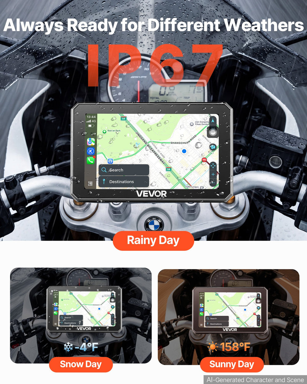 VEVOR 5 Inch Wireless Motorcycle Carplay with Apple Carplay & Android Auto, HD Touchscreen GPS Navigation System with Dual Bluetooth, Siri/Google Voice Assistant, IP67, Compatible with BMW Motorcycles