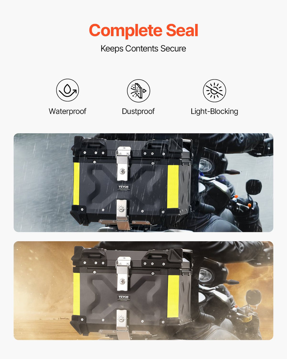 VEVOR Motorcycle Top Case, Universal Aluminum Alloy Motorbike Tail Box with Leather Lining, 55L Waterproof Detachable Motorcycle Top Box with Lock & Back Cushion, Fit for 99% of Motorcycle Frames