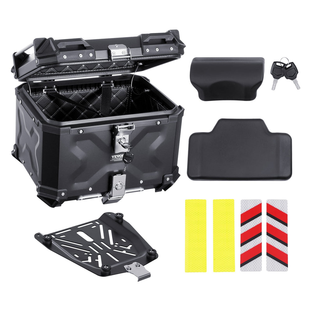 VEVOR Motorcycle Top Case, Universal Aluminum Alloy Motorbike Tail Box with Leather Lining, 55L Waterproof Detachable Motorcycle Top Box with Lock & Back Cushion, Fit for 99% of Motorcycle Frames