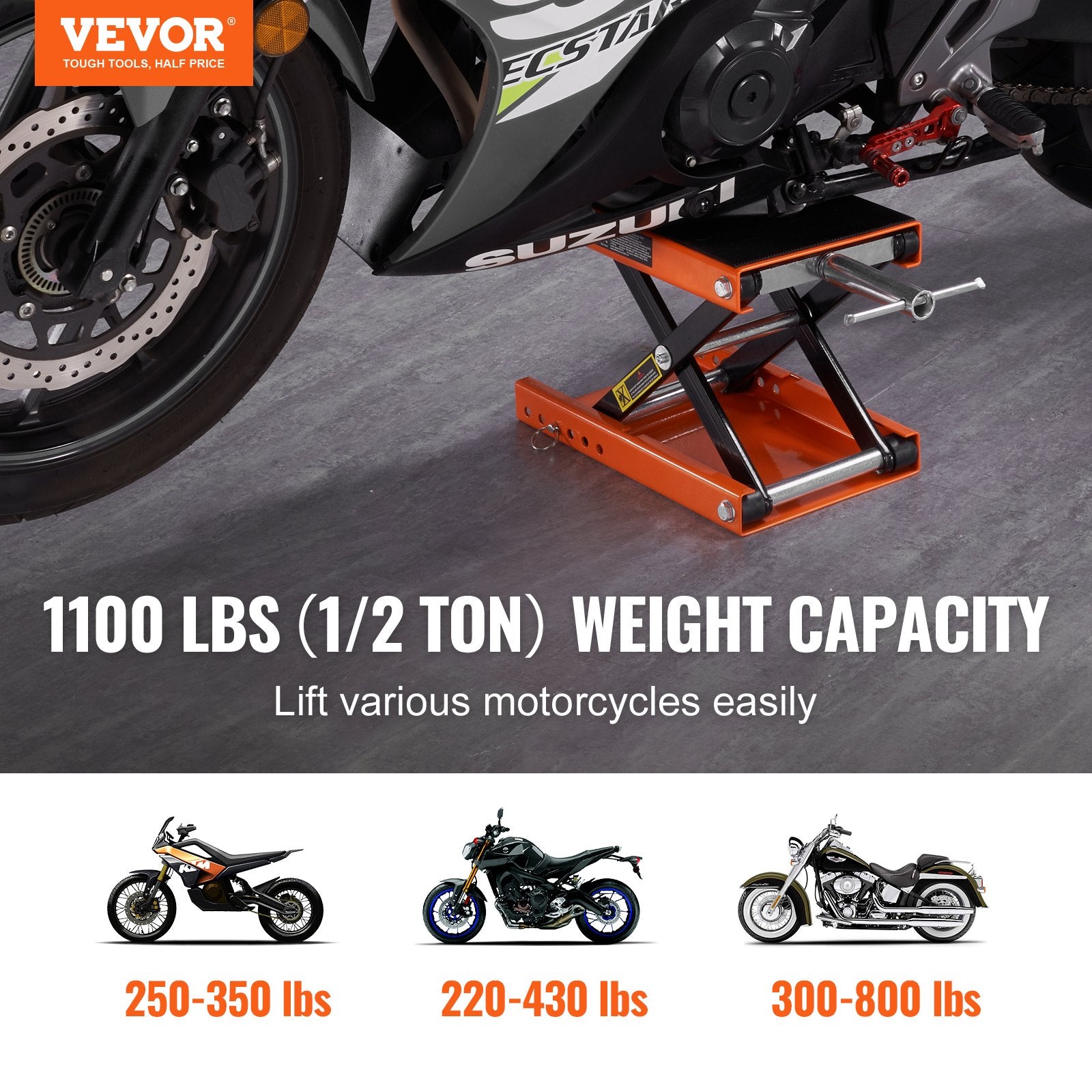 VEVOR Motorcycle Scissor Jack Lift 499.5 kg Wide Deck Hoist Stand for ATVs Bike