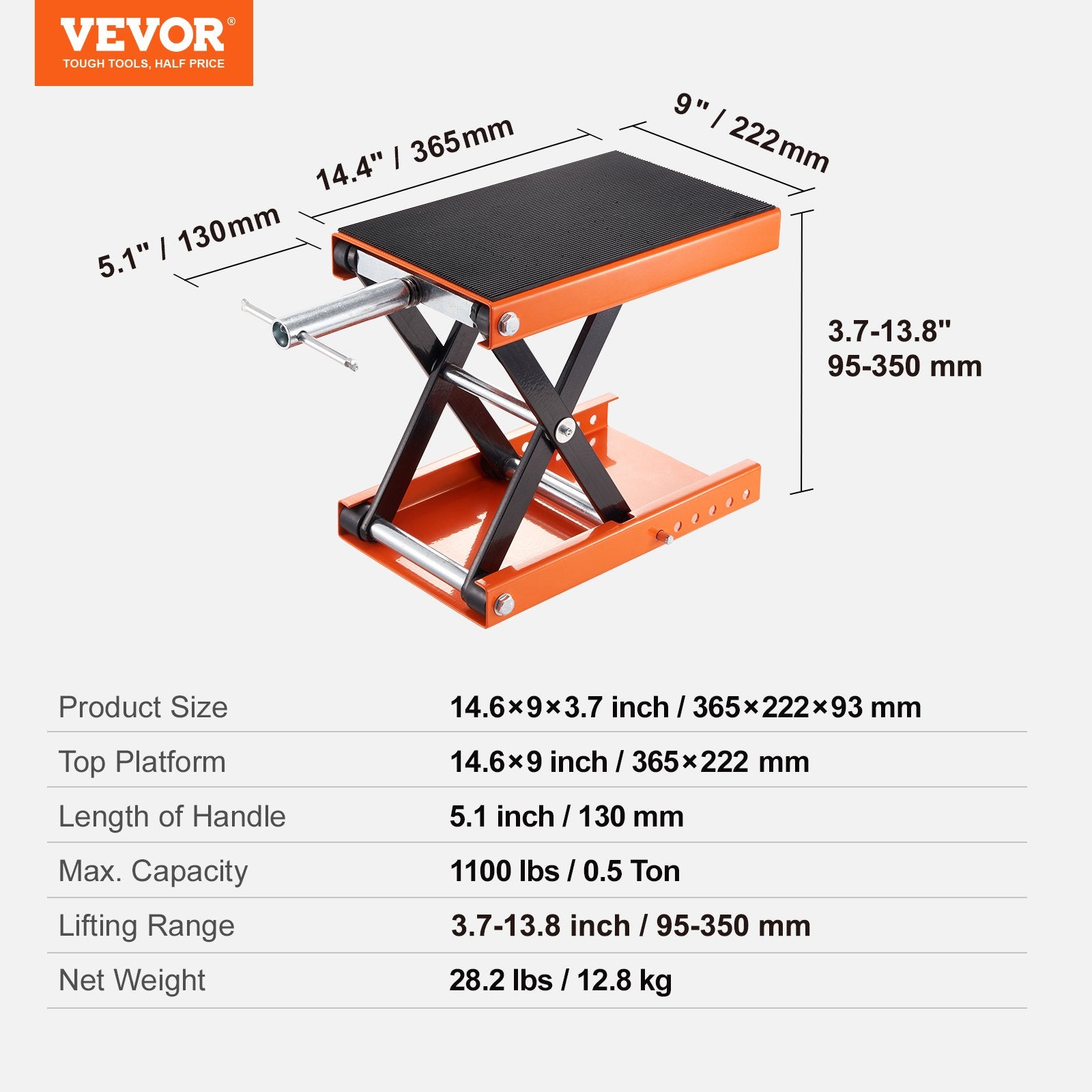 VEVOR Motorcycle Scissor Jack Lift 499.5 kg Wide Deck Hoist Stand for ATVs Bike