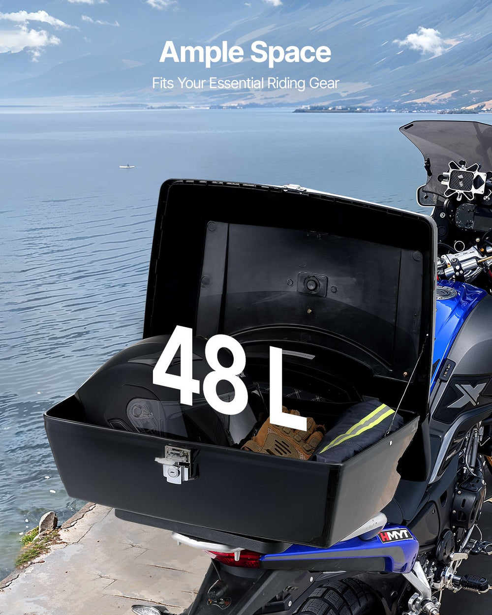 VEVOR Motorcycle Top Case, Universal Durable PP Material Motorbike Tail Box with Reflective Panel, 48L Waterproof Detachable Motorcycle Top Box with Multi-Hole Base, Fit for 99% of Motorcycle Frames