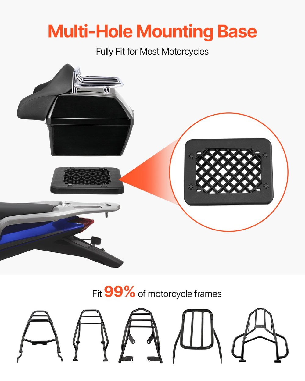 VEVOR Motorcycle Top Case, Universal Durable PP Material Motorbike Tail Box with Reflective Panel, 48L Waterproof Detachable Motorcycle Top Box with Multi-Hole Base, Fit for 99% of Motorcycle Frames