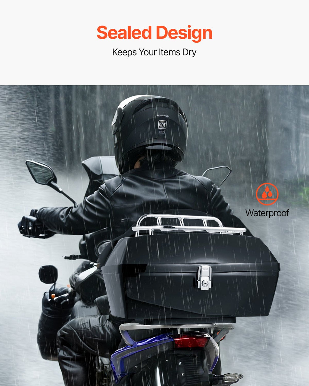 VEVOR Motorcycle Top Case, Universal Durable PP Material Motorbike Tail Box with Reflective Panel, 48L Waterproof Detachable Motorcycle Top Box with Multi-Hole Base, Fit for 99% of Motorcycle Frames
