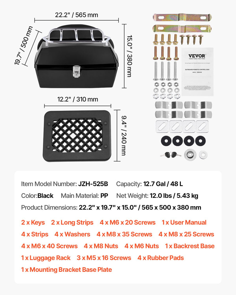 VEVOR Motorcycle Top Case, Universal Durable PP Material Motorbike Tail Box with Reflective Panel, 48L Waterproof Detachable Motorcycle Top Box with Multi-Hole Base, Fit for 99% of Motorcycle Frames