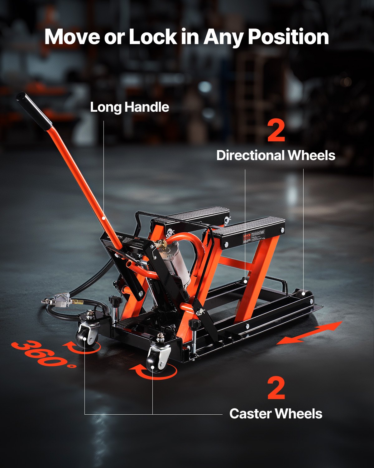 VEVOR Motorcycle Lift, 1500lbs Weight Capacity, Hydraulic & Pneumatic Motorcycle Jack, 4.1-15 in Height Range, Heavy Duty Bike Repair Stand with Removable Ramp with 2 Casters for ATVs, Dirt Bike