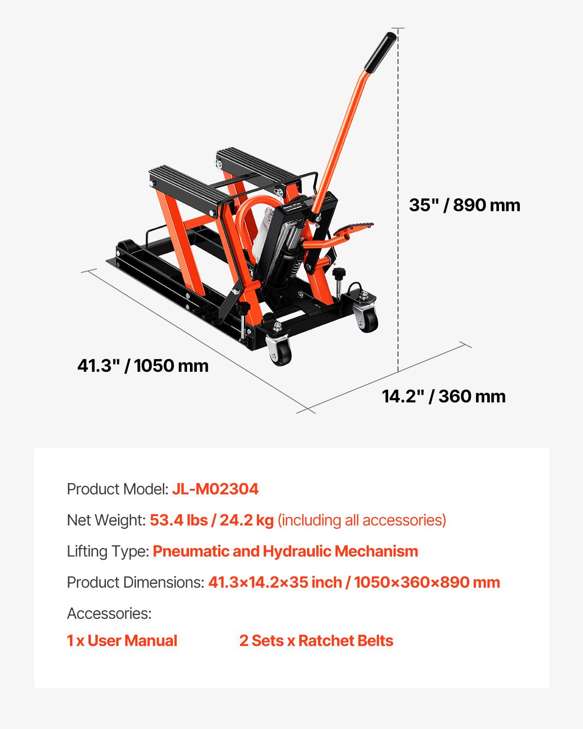 VEVOR Motorcycle Lift, 1500lbs Weight Capacity, Hydraulic & Pneumatic Motorcycle Jack, 4.1-15 in Height Range, Heavy Duty Bike Repair Stand with Removable Ramp with 2 Casters for ATVs, Dirt Bike