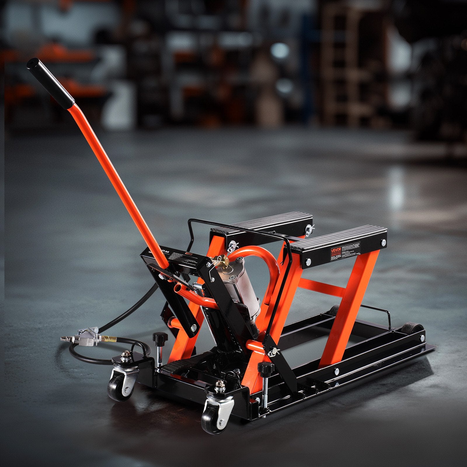 VEVOR Motorcycle Lift, 1500lbs Weight Capacity, Hydraulic & Pneumatic Motorcycle Jack, 4.1-15 in Height Range, Heavy Duty Bike Repair Stand with Removable Ramp with 2 Casters for ATVs, Dirt Bike