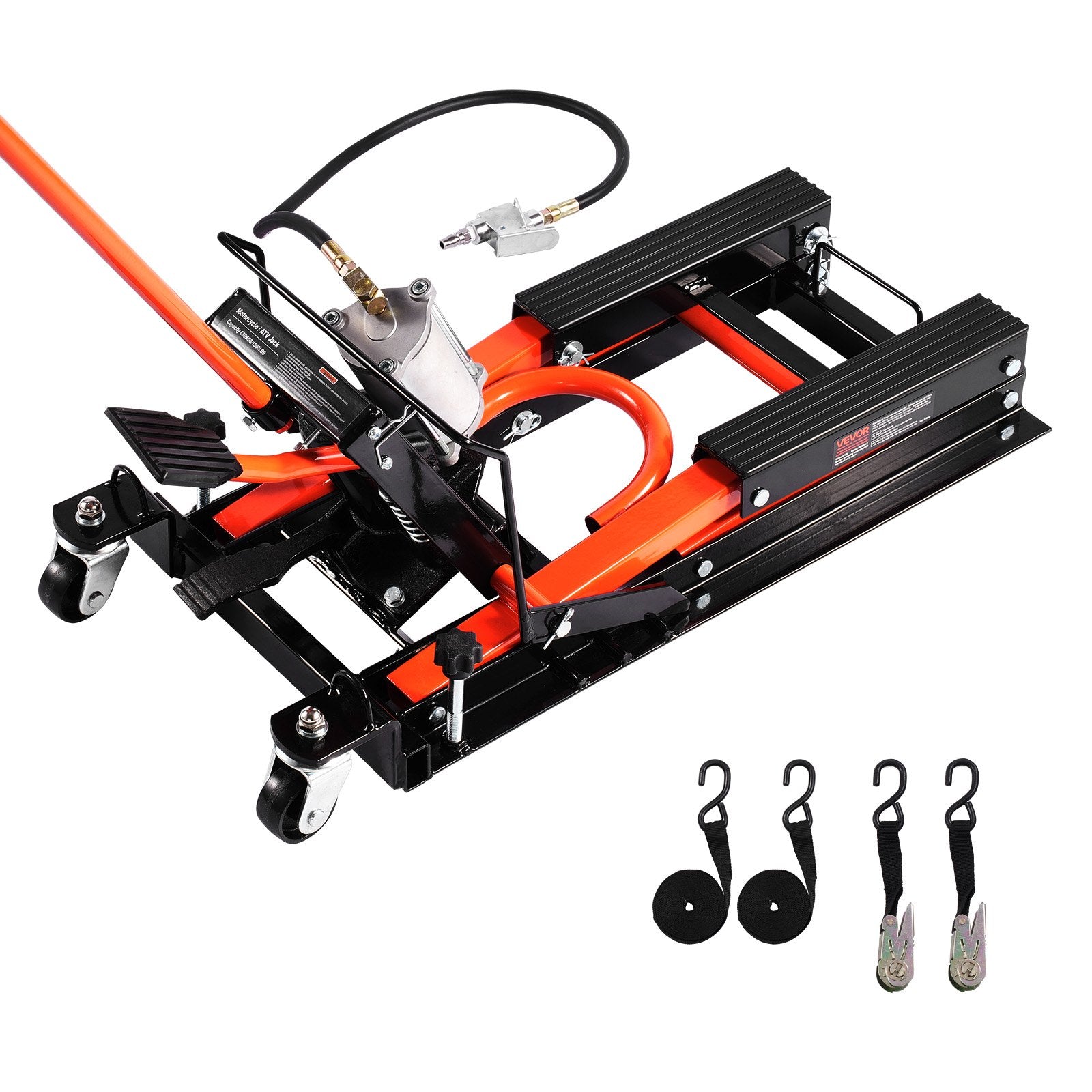 VEVOR Motorcycle Lift, 1500lbs Weight Capacity, Hydraulic & Pneumatic Motorcycle Jack, 4.1-15 in Height Range, Heavy Duty Bike Repair Stand with Removable Ramp with 2 Casters for ATVs, Dirt Bike