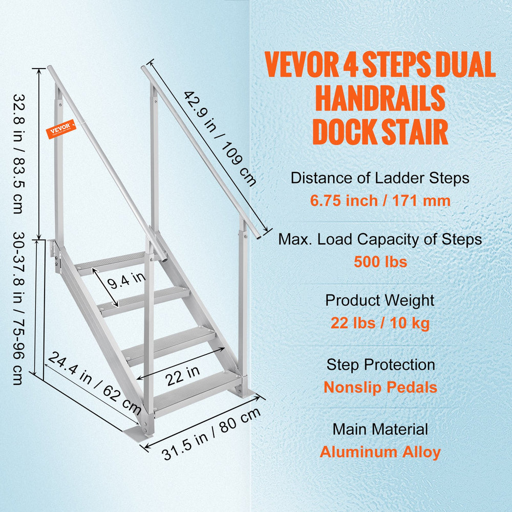 VEVOR Dock Ladder 4 Step, Dock Stairs 30''-38'' Adjustable Height, 500 lbs Load Capacity, Aluminum Pontoon Boat Ladder with Dual Handrails & Anti-Slip Design Pedal for Ship/Lake/Pool/Marine Boarding
