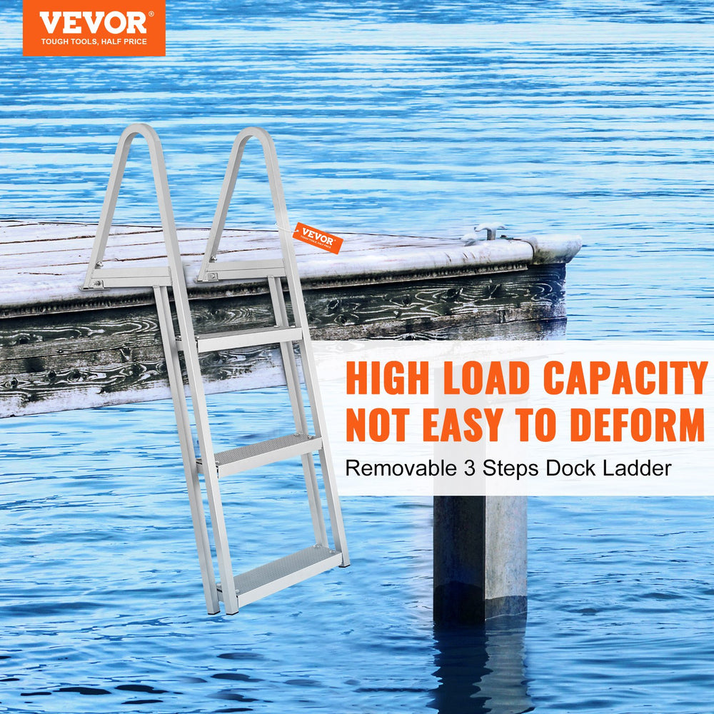 VEVOR Dock Ladder, Removable 3 Steps, 350 lbs Load Capacity, Aluminum Alloy Pontoon Boat Ladder with 4'' Wide Step & Anti-Slip Design Pedal, Easy to Install for Ship/Lake/Pool/Marine Boarding