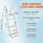 VEVOR Dock Ladder, Removable 3 Steps, 350 lbs Load Capacity, Aluminum Alloy Pontoon Boat Ladder with 4'' Wide Step & Anti-Slip Design Pedal, Easy to Install for Ship/Lake/Pool/Marine Boarding