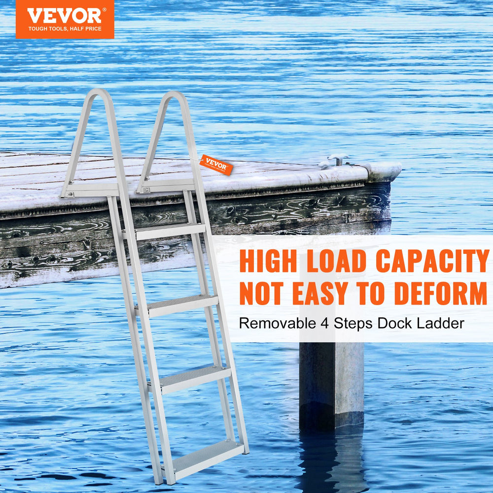 VEVOR Dock Ladder, Removable 4 Steps, 350 lbs Load Capacity, Aluminum Alloy Pontoon Boat Ladder with 4'' Wide Step & Anti-Slip Design Pedal, Easy to Install for Ship/Lake/Pool/Marine Boarding