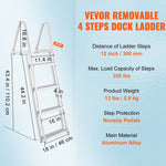 VEVOR Dock Ladder, Removable 4 Steps, 350 lbs Load Capacity, Aluminum Alloy Pontoon Boat Ladder with 4'' Wide Step & Anti-Slip Design Pedal, Easy to Install for Ship/Lake/Pool/Marine Boarding
