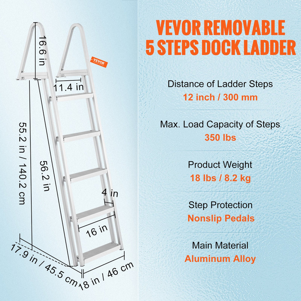 VEVOR Removable Dock Ladder 5 Steps, 350 lbs Load Capacity, Pontoon Boat Ladder with 4'' Wide Step & Nonslip Design for Ship/Lake/Pool/Marine Boarding