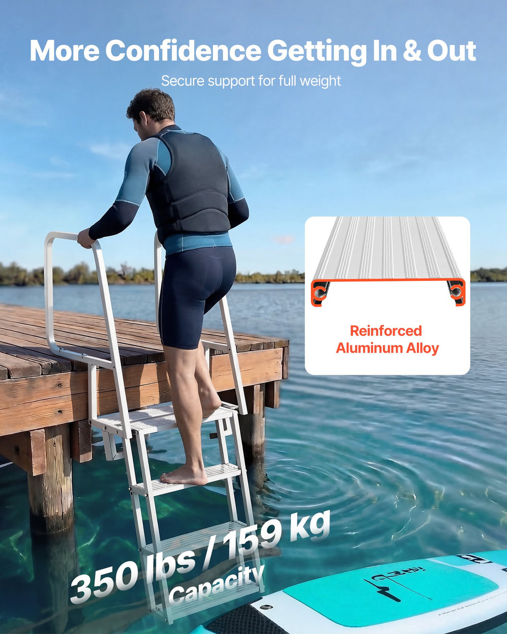 VEVOR Flip-Up Dock Ladder, 4-Step, Heavy-Duty Aluminum Alloy Pontoon Boat Swim Ladder, with Non-Slip Wide Steps, 159 kg Weight Capacity, Pull Rope Assist, Comfort Use for Lake Pool Marine Boarding