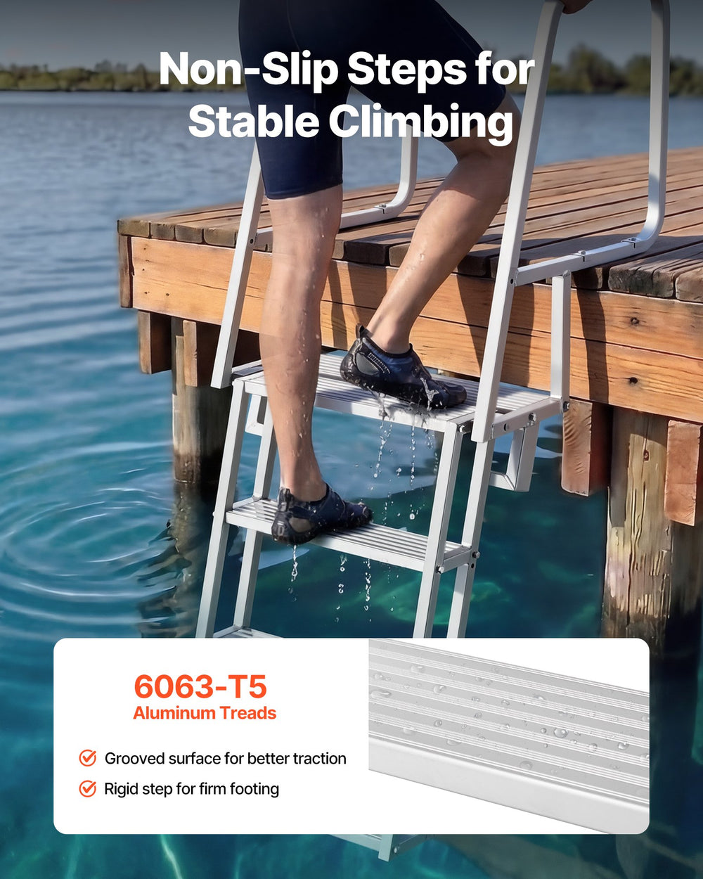 VEVOR Flip-Up Dock Ladder, 4-Step, Heavy-Duty Aluminum Alloy Pontoon Boat Swim Ladder, with Non-Slip Wide Steps, 159 kg Weight Capacity, Pull Rope Assist, Comfort Use for Lake Pool Marine Boarding