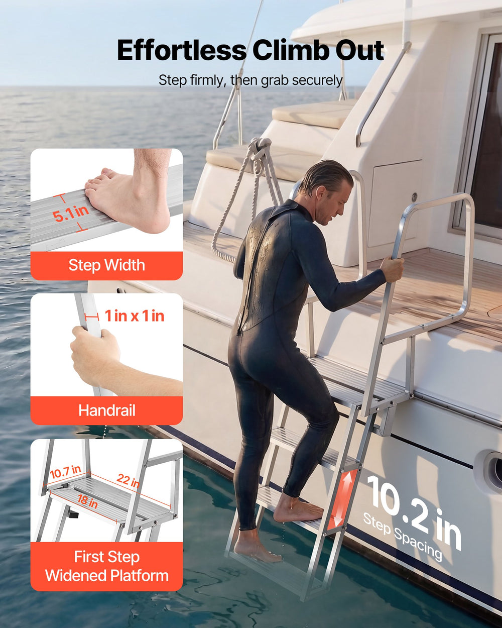 VEVOR Flip-Up Dock Ladder, 4-Step, Heavy-Duty Aluminum Alloy Pontoon Boat Swim Ladder, with Non-Slip Wide Steps, 159 kg Weight Capacity, Pull Rope Assist, Comfort Use for Lake Pool Marine Boarding