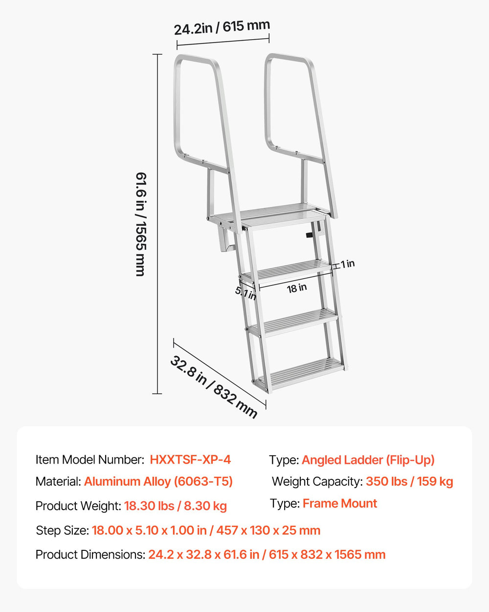 VEVOR Flip-Up Dock Ladder, 4-Step, Heavy-Duty Aluminum Alloy Pontoon Boat Swim Ladder, with Non-Slip Wide Steps, 159 kg Weight Capacity, Pull Rope Assist, Comfort Use for Lake Pool Marine Boarding