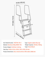 VEVOR Flip-Up Dock Ladder, 4-Step, Heavy-Duty Aluminum Alloy Pontoon Boat Swim Ladder, with Non-Slip Wide Steps, 159 kg Weight Capacity, Pull Rope Assist, Comfort Use for Lake Pool Marine Boarding