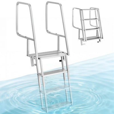 VEVOR Flip-Up Dock Ladder, 4-Step, Heavy-Duty Aluminum Alloy Pontoon Boat Swim Ladder, with Non-Slip Wide Steps, 159 kg Weight Capacity, Pull Rope Assist, Comfort Use for Lake Pool Marine Boarding