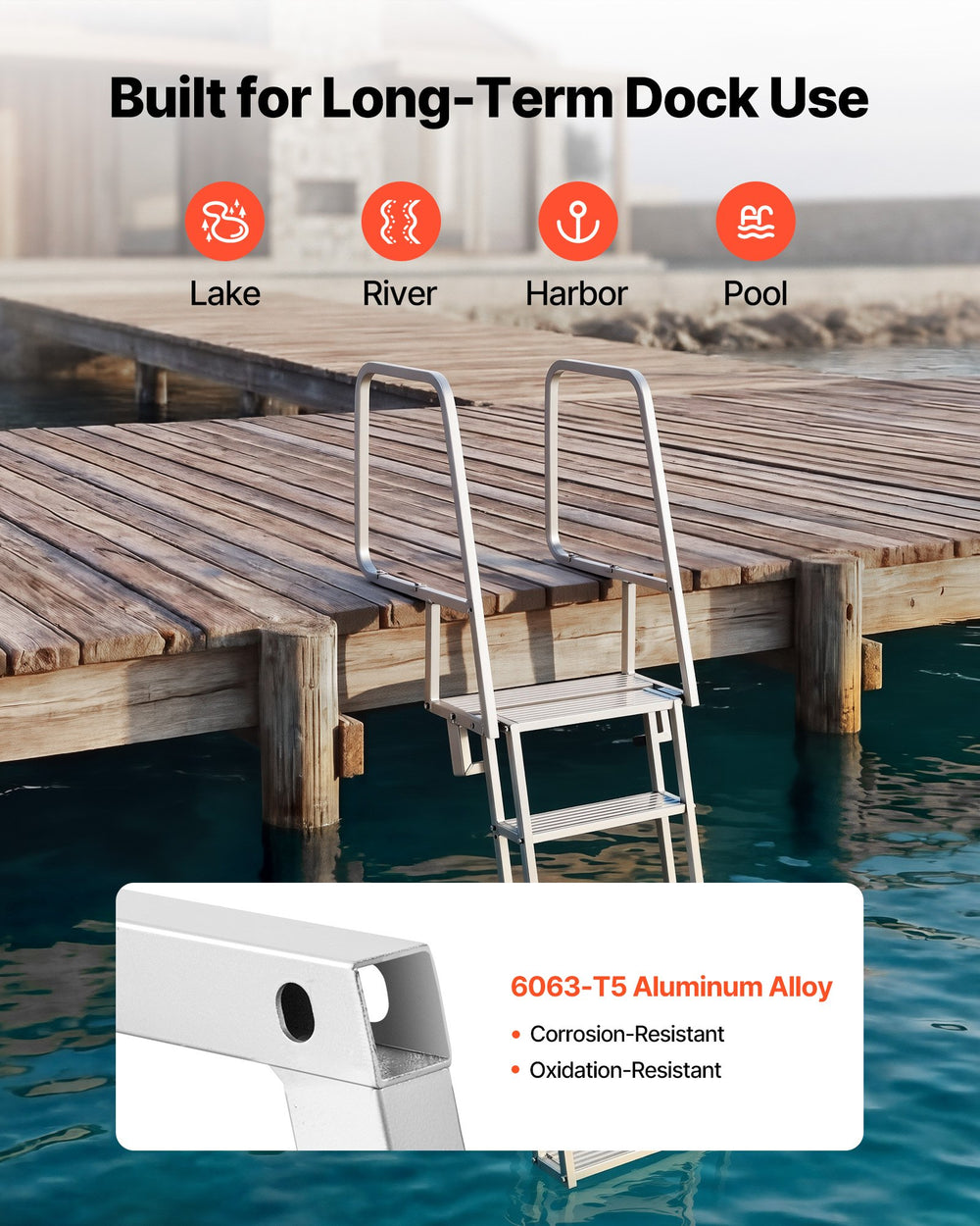 VEVOR Flip-Up Dock Ladder, 5-Step, Heavy-Duty Aluminum Alloy Pontoon Boat Swim Ladder
