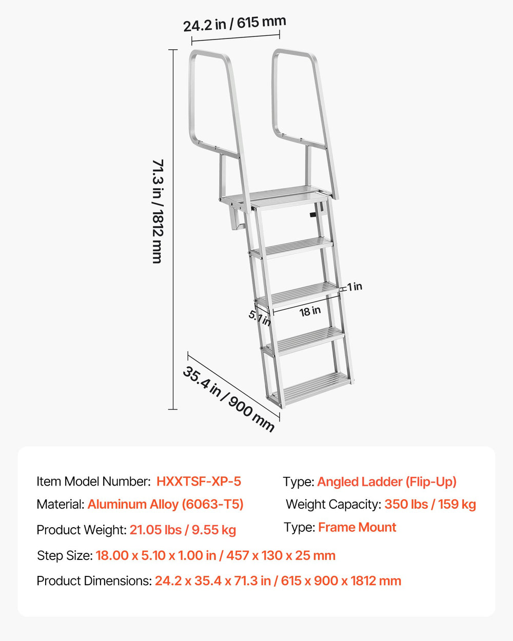 VEVOR Flip-Up Dock Ladder, 5-Step, Heavy-Duty Aluminum Alloy Pontoon Boat Swim Ladder