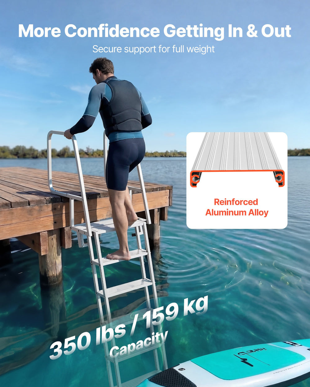 VEVOR Flip-Up Dock Ladder, 6-Step, Heavy-Duty Aluminum Alloy Pontoon Boat Swim Ladder, with Non-Slip Wide Steps, 159 kg Weight Capacity, Pull Rope Assist, Comfort Use for Lake Pool Marine Boarding