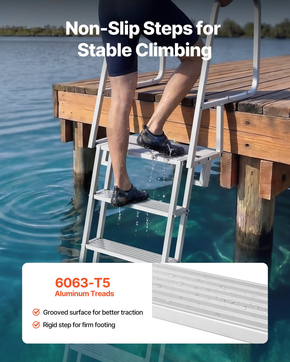 VEVOR Flip-Up Dock Ladder, 6-Step, Heavy-Duty Aluminum Alloy Pontoon Boat Swim Ladder, with Non-Slip Wide Steps, 159 kg Weight Capacity, Pull Rope Assist, Comfort Use for Lake Pool Marine Boarding