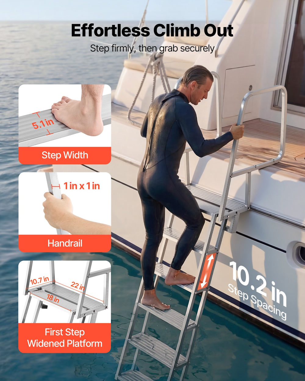 VEVOR Flip-Up Dock Ladder, 6-Step, Heavy-Duty Aluminum Alloy Pontoon Boat Swim Ladder, with Non-Slip Wide Steps, 159 kg Weight Capacity, Pull Rope Assist, Comfort Use for Lake Pool Marine Boarding