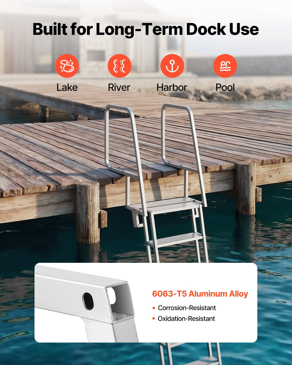 VEVOR Flip-Up Dock Ladder, 6-Step, Heavy-Duty Aluminum Alloy Pontoon Boat Swim Ladder, with Non-Slip Wide Steps, 159 kg Weight Capacity, Pull Rope Assist, Comfort Use for Lake Pool Marine Boarding