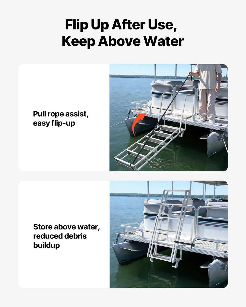 VEVOR Flip-Up Dock Ladder, 6-Step, Heavy-Duty Aluminum Alloy Pontoon Boat Swim Ladder, with Non-Slip Wide Steps, 159 kg Weight Capacity, Pull Rope Assist, Comfort Use for Lake Pool Marine Boarding