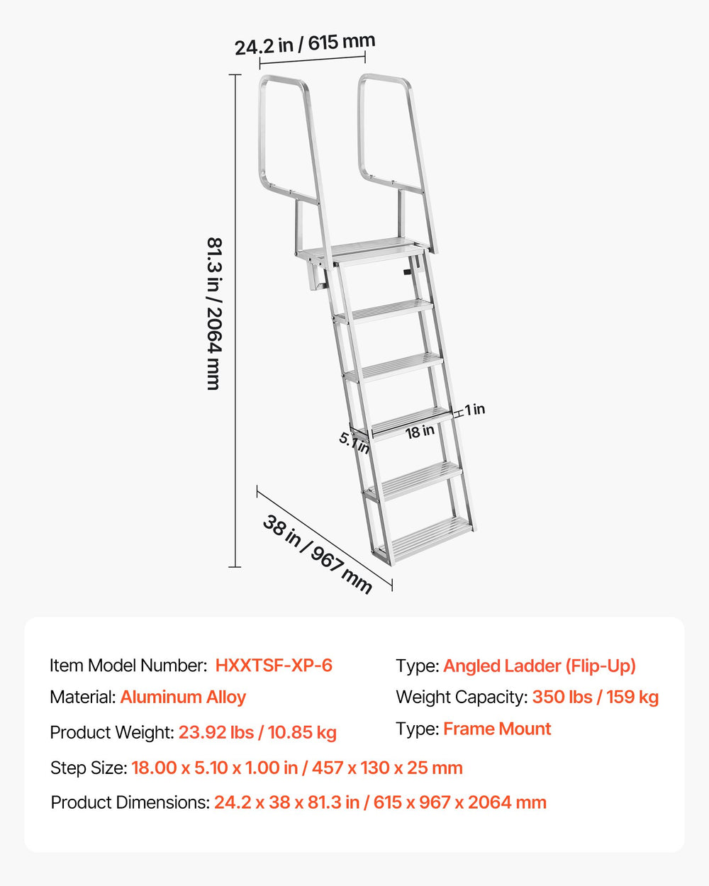 VEVOR Flip-Up Dock Ladder, 6-Step, Heavy-Duty Aluminum Alloy Pontoon Boat Swim Ladder, with Non-Slip Wide Steps, 159 kg Weight Capacity, Pull Rope Assist, Comfort Use for Lake Pool Marine Boarding