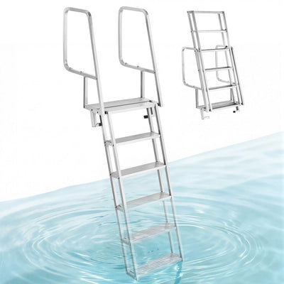 VEVOR Flip-Up Dock Ladder, 6-Step, Heavy-Duty Aluminum Alloy Pontoon Boat Swim Ladder, with Non-Slip Wide Steps, 159 kg Weight Capacity, Pull Rope Assist, Comfort Use for Lake Pool Marine Boarding