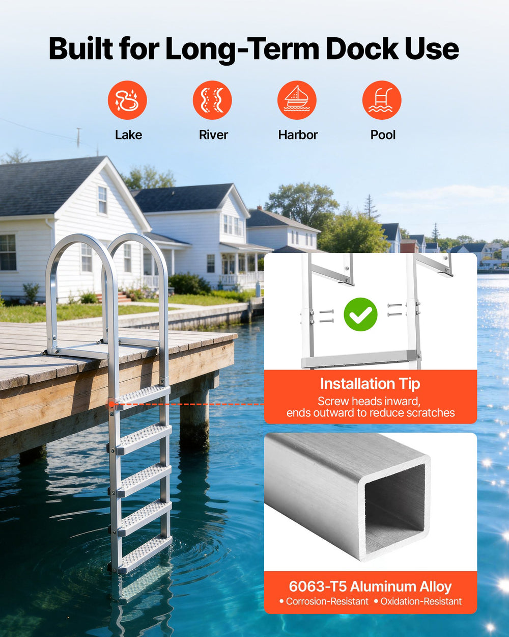 VEVOR Removable Dock Ladder, 5 Steps, Aluminum Alloy Pontoon Boat Swim Ladder, with Non-Slip Wide PP Steps, 227 kg Weight Capacity, Quick Release Design, for Lake Swimming, Pool, Marine Boarding