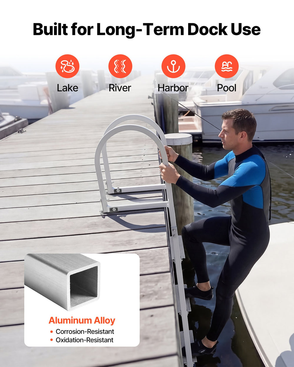 VEVOR Removable Dock Ladder, 4 Steps, Aluminum Alloy Pontoon Boat Swim Ladder, with Non-Slip Wide Steps, 227 kg Weight Capacity, Quick Release Design, for Lake Swimming, Pool, Boat, Marine Boarding