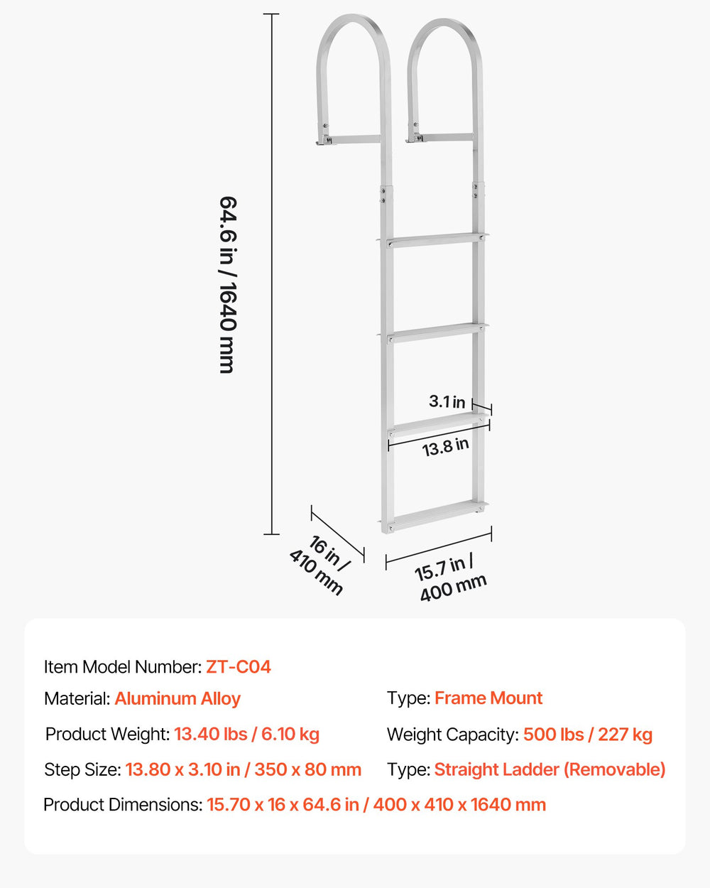 VEVOR Removable Dock Ladder, 4 Steps, Aluminum Alloy Pontoon Boat Swim Ladder, with Non-Slip Wide Steps, 227 kg Weight Capacity, Quick Release Design, for Lake Swimming, Pool, Boat, Marine Boarding