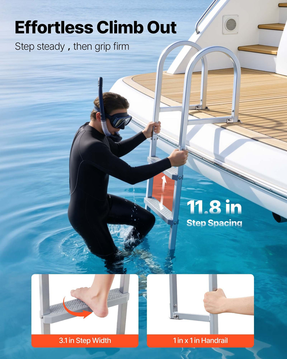 VEVOR Removable Dock Ladder, 3 Steps, Aluminum Alloy Pontoon Boat Swim Ladder, with Non-Slip Wide PP Steps, 227 kg Weight Capacity, Quick Release Design, for Lake Swimming, Pool, Marine Boarding