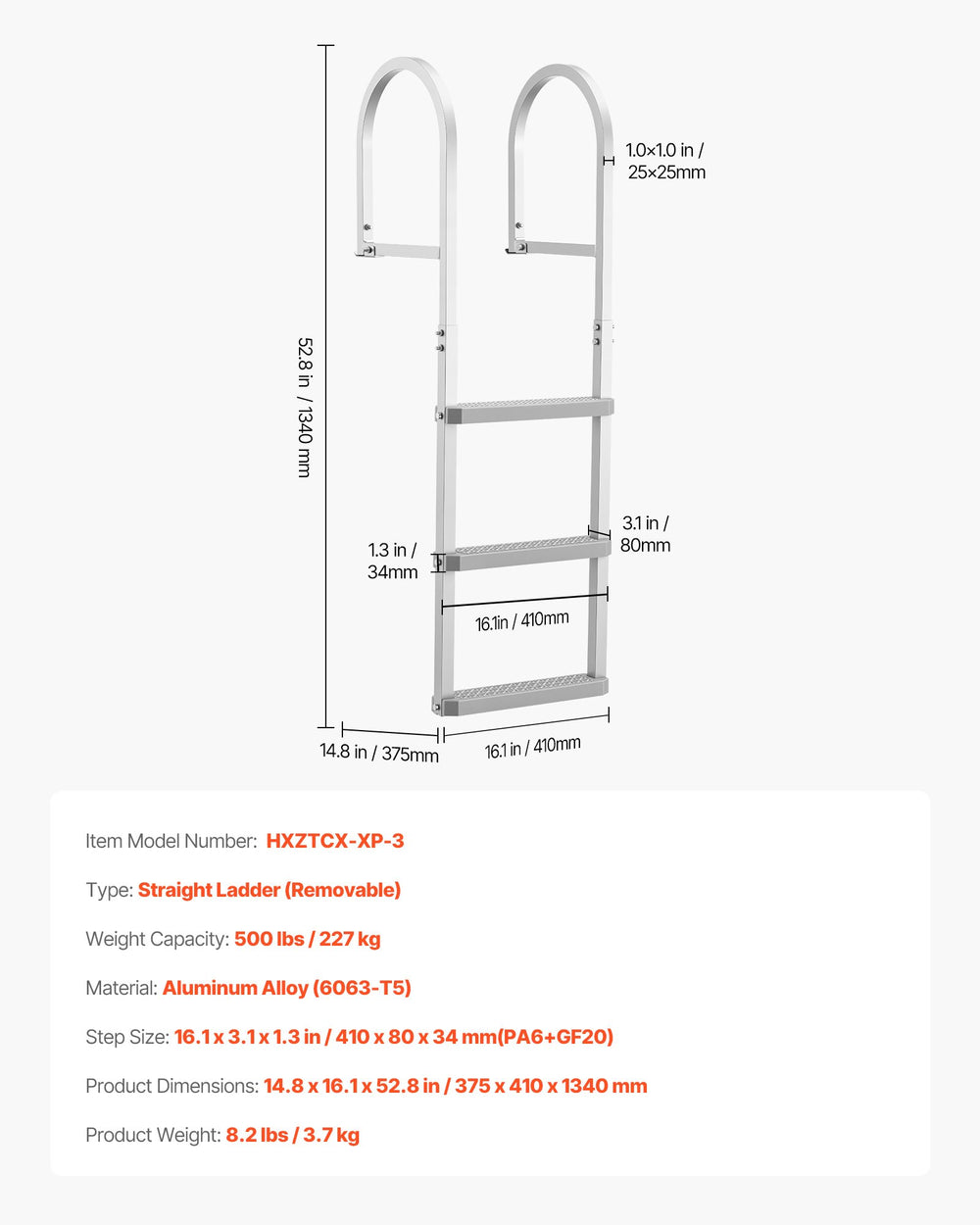 VEVOR Removable Dock Ladder, 3 Steps, Aluminum Alloy Pontoon Boat Swim Ladder, with Non-Slip Wide PP Steps, 227 kg Weight Capacity, Quick Release Design, for Lake Swimming, Pool, Marine Boarding