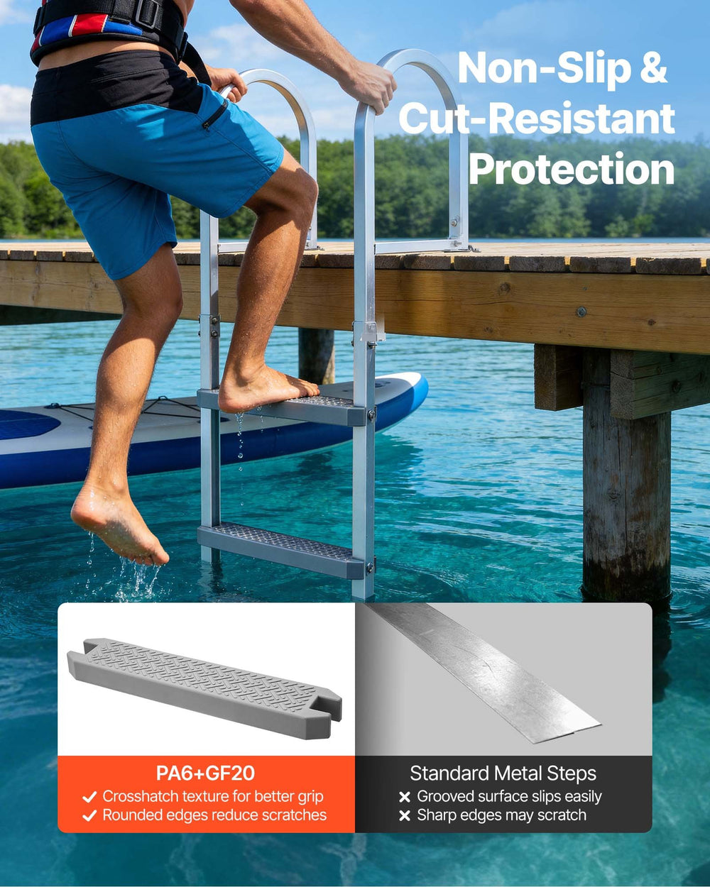 VEVOR Removable Dock Ladder, 4 Steps, Aluminum Alloy Pontoon Boat Swim Ladder, with Non-Slip Wide PP Steps, 227 kg Weight Capacity, Quick Release Design, for Lake Swimming, Pool, Marine Boarding
