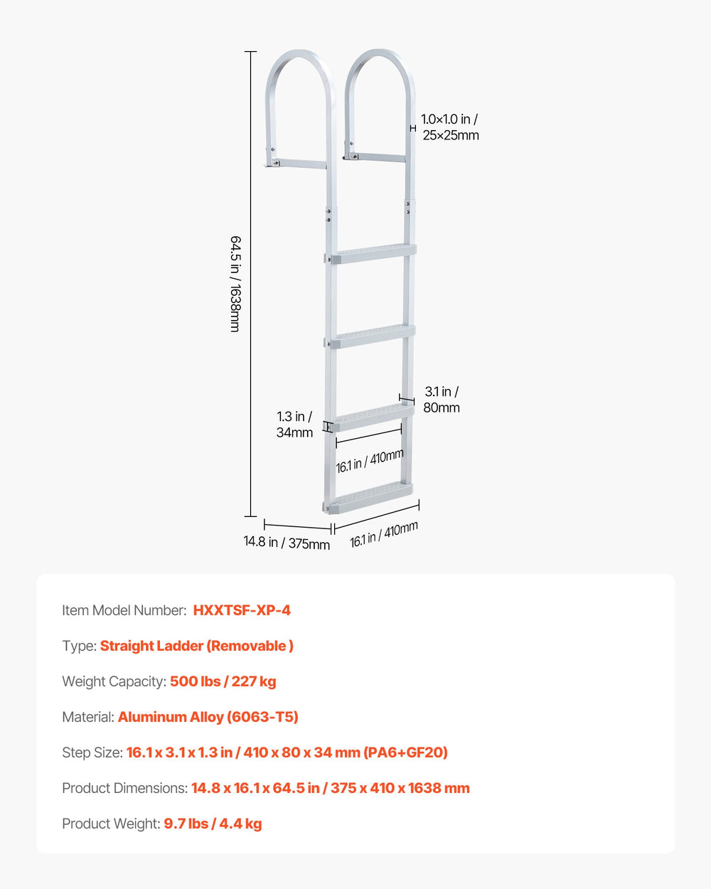 VEVOR Removable Dock Ladder, 4 Steps, Aluminum Alloy Pontoon Boat Swim Ladder, with Non-Slip Wide PP Steps, 227 kg Weight Capacity, Quick Release Design, for Lake Swimming, Pool, Marine Boarding